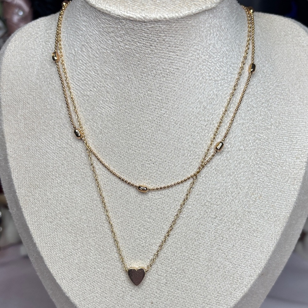 Dainty Gold Tone Layered Chain Necklace With Heart 16-19”